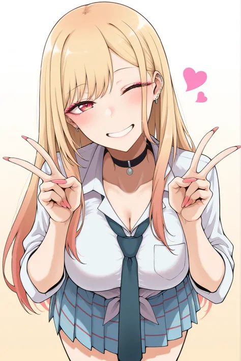 masterpiece, best quality, amazing quality, very aesthetic, absurdres, highres, newest,1girl, solo, kitagawa marin, blonde hair, skirt, collared shirt, necktie, double v, smile, head tilt, leaning forward, wink, blush, heart, choker, makeup,
t4n1sh1t4n1a