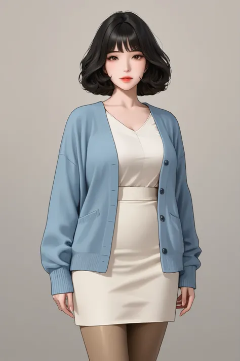 no background, high quality, ((black Wavy Bob hair)),  light blue cardigan , white simple dress, mature Korean women,  ((beige pantyhose)), portrait, Draw a 4-part collage of an example image showing a waist shot