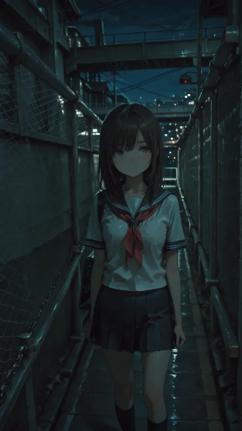 female, cute, school girl, school uniform, under a road bridge, concrete, chain-link fencing, dark, night, solo, 1girl