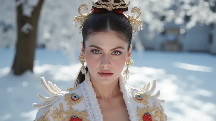 A stunning character that embodies the essence of a realistic woman, crafted from snow, exudes elegance and sophistication. She wears a luxurious, modern Hanfu-inspired dress adorned with intricate embroidery in gold and red colors, showcasing the beauty o...