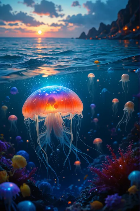 幻想的なsea中、Jellyfishの群れ,fantasy,sea,Jellyfish,In the water,fluorescent,bright colors,4K,high resolution,realistic,HDR,Deep Focus,Mysterious,dreamy,magic hour,vivid color,precise description,Mysterious,is overexpressed
