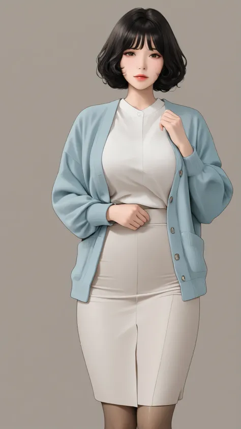 no background, high quality, ((black Wavy Bob hair)),  light blue cardigan , white blouse, white flared skirt, mature Korean women,  ((beige pantyhose)), portrait, Draw a 4-part collage of an example image showing a waist shot