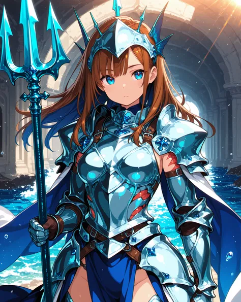 female, Sea Knight, Scale Knight Armor,Decoration of the gills, Sapphire Trident, Sunlight, wind,