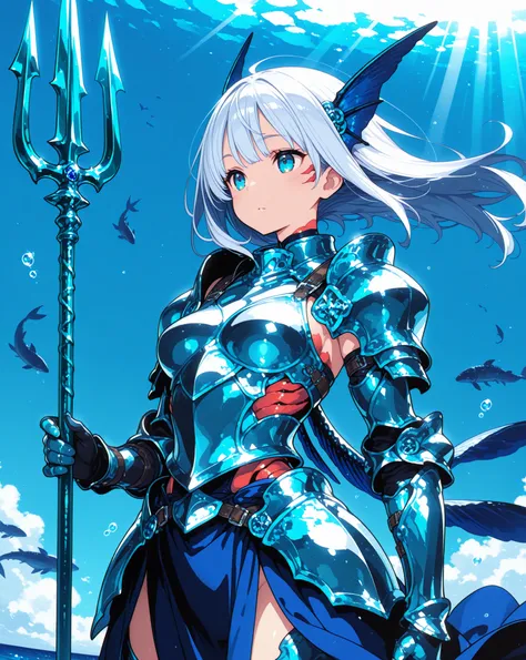 female, Sea Knight, Scale Knight Armor,Decoration of the gills, Sapphire Trident, Sunlight, wind,