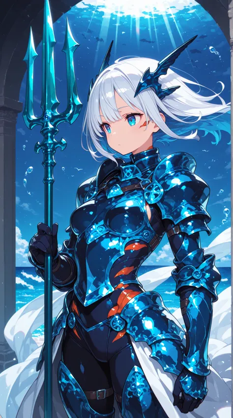 female, Sea Knight, Scale Knight Armor,Decoration of the gills, Sapphire Trident, Sunlight, wind,