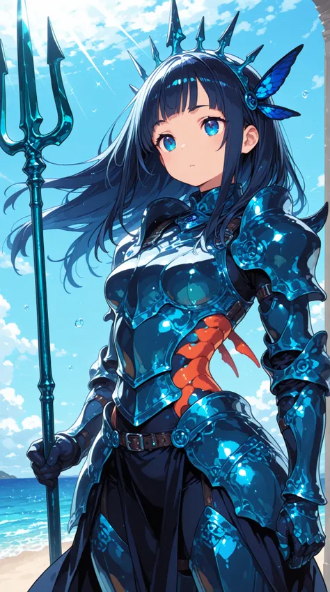 female, Sea Knight, Scale Knight Armor,Decoration of the gills, Sapphire Trident, Sunlight, wind,