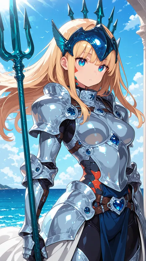 female, Sea Knight, Scale Knight Armor,Decoration of the gills, Sapphire Trident, Sunlight, wind,