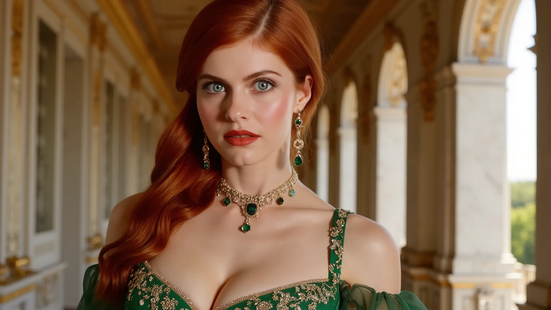 create an ultra-realistic, ultra-definition, 8K, cinematic image, respecting the golden ratio, of a beautiful 23-year-old woman, with a captivating and very attractive face, a supermodel body, beautiful green eyes, long, beautiful, wavy red hair. She is i...