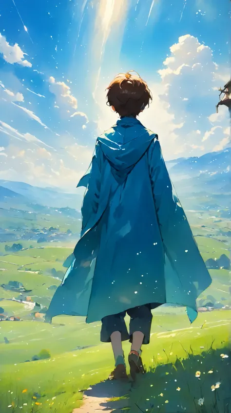(((Pasture、another world、Very beautiful scenery)))、 watercolor、full body angle、one boy stepping、looks up at the sky、A boy wearing a cloak、brown hair、 boy、an artfully designed jacket、back view、Heaven、blue sky、 (((Pasture、another world、Very beautiful scener...