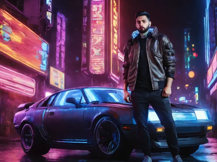 Advertising poster shoot from a low angle about a futuristic scene featuring a man with short black hair, brown eyes, beard, standing in front of a futuristic car with neon lights. the man, who appears to be in his mid-twenties, is standing in the middle o...
