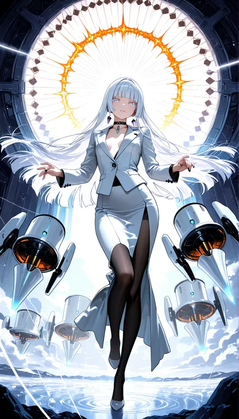 1girl, light lavender eyes, lush light lavender eyelashes, white Hair, straight bang, hime cut, flat Breast, black and white suit, long slit skirt, Choker, pantyhose, nail polish, black nails, masterpiece, best quality, Perfect details, perfect composition...