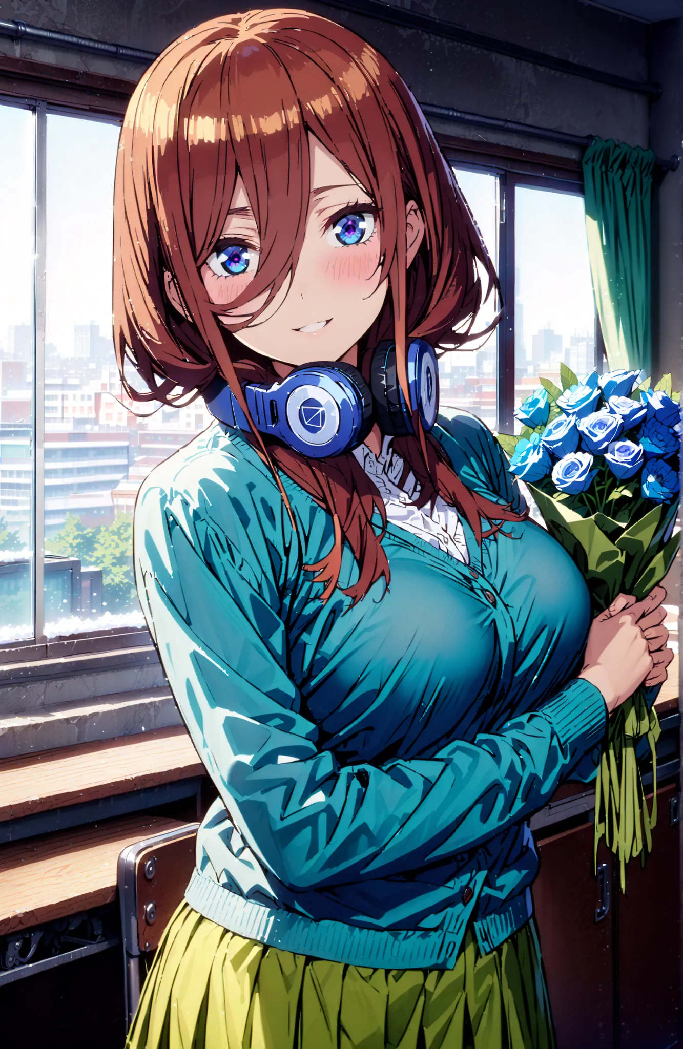 Nakano Miku, long hair,solo, bungs, blue eyes, brown hair, hair between eyes, headphones, headphones around neck,smile,blush,open your mouth,Big Breasts,
in their 40s skirt, shirt, long sleeve, white shirt, pleated skirt, black pantyhose, Green Skirt, blue...