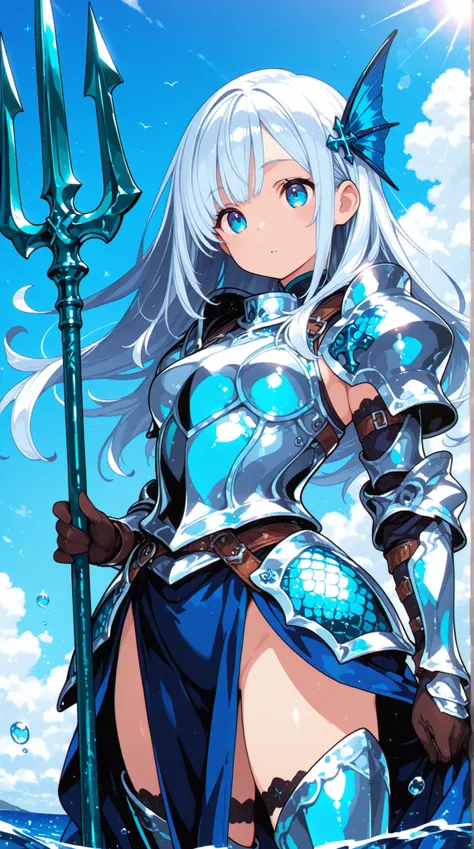 female, Sea Knight, Scale Knight Armor,Fin Ornament, Sapphire Trident, Sunlight, wind,