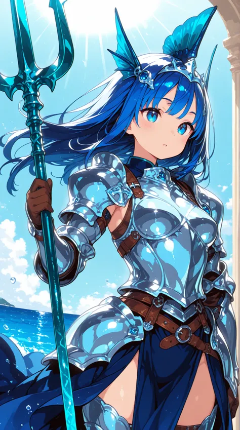 female, Sea Knight, Scale Knight Armor,Fin Ornament, Sapphire Trident, Sunlight, wind,
