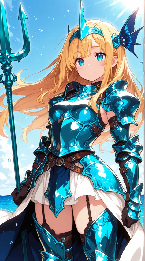 female, Sea Knight, Scale Knight Armor,Fin Ornament, Sapphire Trident,   Sunlight,  wind,  