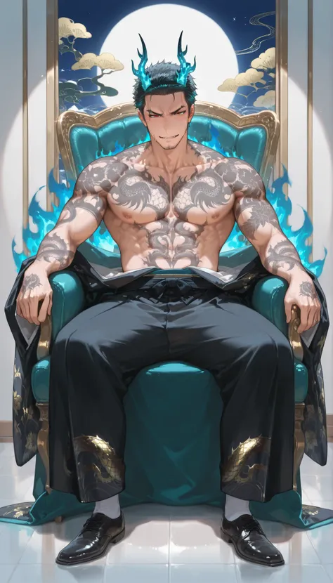 boy , black kimono with Japanese dragon pattern、sitting on the japanese chair, topless, yakuza body tattoo, dragon aura