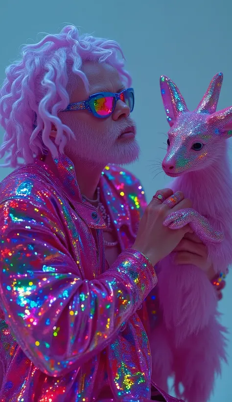 Strange and sinister African human albinos, with exotic predatory animals, friendly caress the beasts. hyperrealistic artist, inst ax, playful performance art, atmospheric installations, iconic fashion, colorful costumes, Supercolor Intense, solar punk. Co...