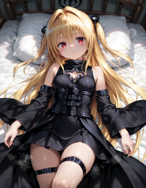 masterpiece, best quality, very aesthetic, 1girl, solo, yami, to love-ru, to love-ru darkness, konjiki no yami, red eyes, blonde hair, long hair, two side up, sidelocks, hair intakes, hair ornament, small breasts, dress, black dress, sleeveless, sleeveles...