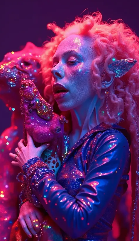 Strange and sinister African human albinos, with exotic predatory animals, friendly caress the beasts. hyperrealistic artist, inst ax, playful performance art, atmospheric installations, iconic fashion, colorful costumes, Supercolor Intense, solar punk. Co...