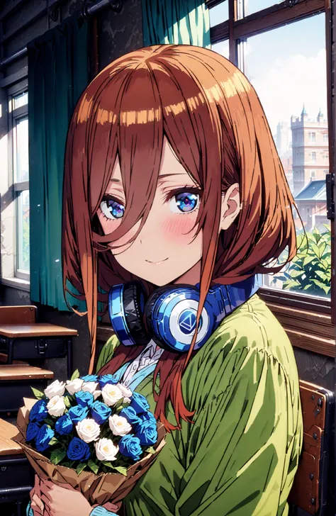 Nakano Miku, long hair,solo, bungs, blue eyes, brown hair, hair between eyes, headphones, headphones around neck,smile,blush,open your mouth,Big Breasts,
in their 40s skirt, shirt, long sleeve, white shirt, pleated skirt, black pantyhose, Green Skirt, blue...