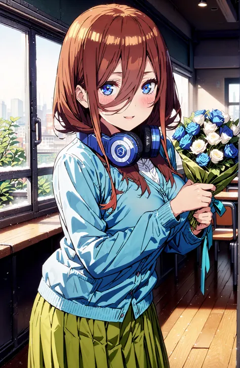 Nakano Miku, long hair,solo, bungs, blue eyes, brown hair, hair between eyes, headphones, headphones around neck,smile,blush,open your mouth,Big Breasts,
in their 40s skirt, shirt, long sleeve, white shirt, pleated skirt, black pantyhose, Green Skirt, blue...
