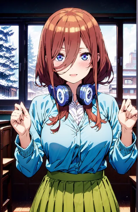 Nakano Miku, long hair,solo, bungs, blue eyes, brown hair, hair between eyes, headphones, headphones around neck,smile,blush,open your mouth,Big Breasts,
in their 40s skirt, shirt, long sleeve, white shirt, pleated skirt, black pantyhose, Green Skirt, blue...