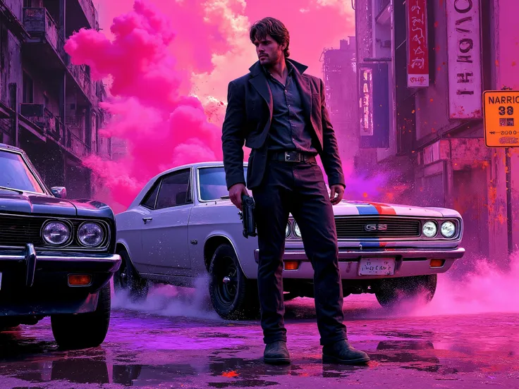 GTA-style art style background images。in an American comic style with a street feel、pink、Purple、vivid shades of black。explosive wind light and smoke、rough brush effects。no text。Video conversion。