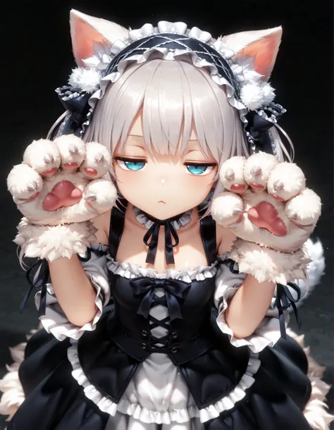 masterpiece, best quality, very aesthetic, 1girl, jitome, half-closed eyes, cat ear hairband, sleeve ribbon, overskirt, fluffy, cat paws, paw gloves, claw pose, ribbon, frilled bow, frilled hairband, 3d,