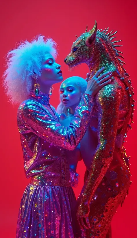 Strange and sinister African human albinos, with exotic predatory animals, friendly caress the beasts. hyperrealistic artist, inst ax, playful performance art, atmospheric installations, iconic fashion, colorful costumes, Supercolor Intense, solar punk. Co...