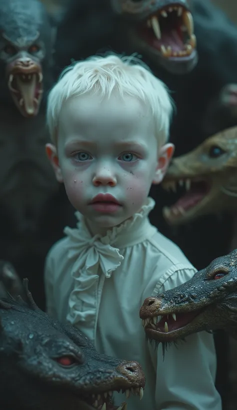 film (1329)Albino boy up close, Sinister and strange albinos, in Victorian clothes with predators from the African jungle, hyperrealistic, cinematographic