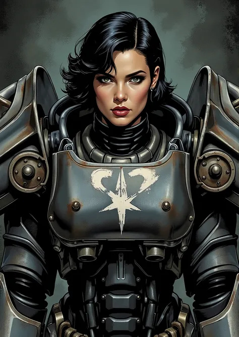 An extremely detailed comic book illustration depicting a stunningly beautiful character portrayed by a young Gene Tierney in her late s in power armor or a mechanized combat suit from the Fallout Video Game setting. She has short black hair in a 50s hairs...