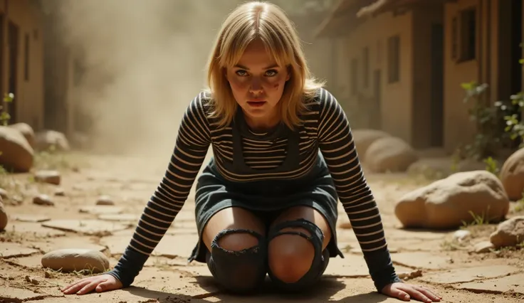 Ultra-realistic cinematic shot of Android 18, a stunning beautiful blonde woman with sharp blue eyes and shoulder-length straight hair, on one knee, pushing herself up from the ground after being knocked down.
Her face is bruised, with a cut on her cheekbo...