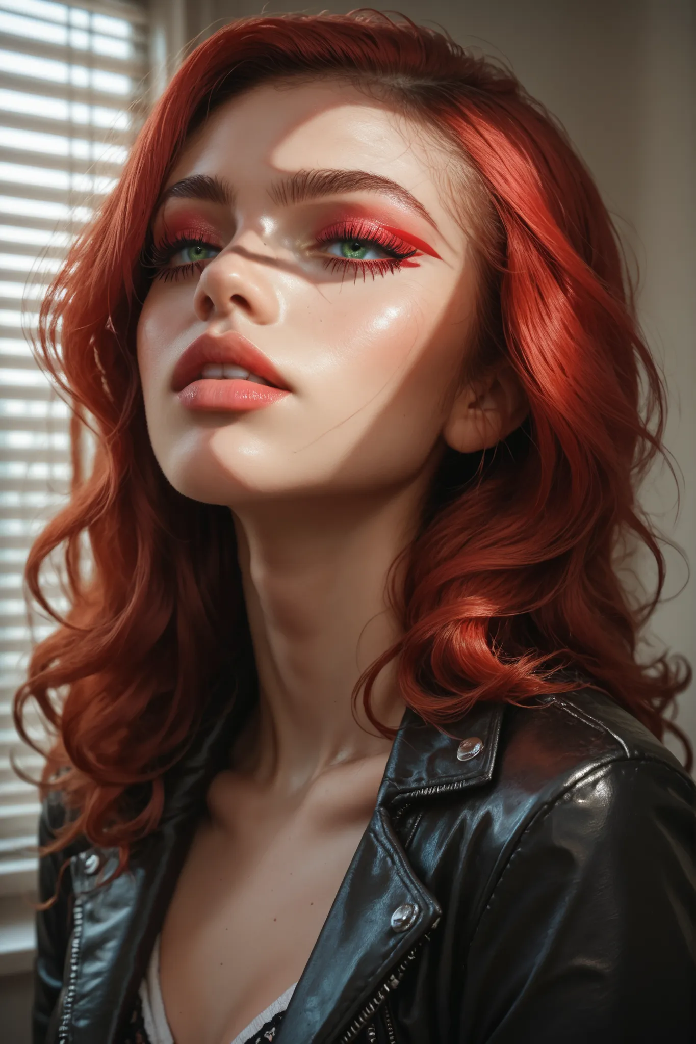 room, the blinds fall in a stripe on the face of a red-haired girl, with green eyes, long lashes, detailed leather, facial pores , casual wear, charm