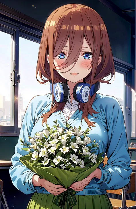 score_9, score_8_up, score_7_up, source_anime,  Nakano Miku, long hair,solo, bungs, blue eyes, brown hair, hair between eyes, headphones, headphones around neck,smile,blush,open your mouth,Big Breasts,
in their 40s skirt, shirt, long sleeve, white shirt, p...