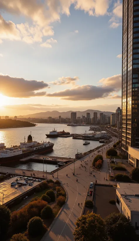 in high-definition images、Vancouver, Canada、Dusk at Coal Mining Harbor、Harbor Views from a High-Rise Hotel Behind a Road Facing the Sea。