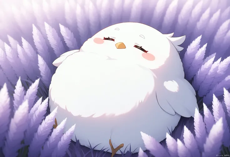 Masterpiece,Best quality, ultra detailed,Japanese Anime style, (pure white sparrow mascot ) , round body, fluffy body, cute appearance,simple face,sleeping,in a wide lavender field, ((a white sparrow is visible among the lavender flowers.)