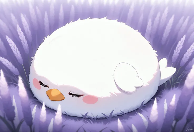 Masterpiece,Best quality, ultra detailed,Japanese Anime style, (pure white sparrow mascot ) , round body, fluffy body, cute appearance,simple face,sleeping,in a wide lavender field, ((a white sparrow is visible among the lavender flowers.)
