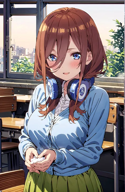 score_9, score_8_up, score_7_up, source_anime,  Nakano Miku, long hair,solo, bungs, blue eyes, brown hair, hair between eyes, headphones, headphones around neck,smile,blush,open your mouth,Big Breasts,
in their 40s skirt, shirt, long sleeve, white shirt, p...