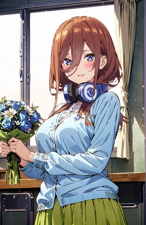 score_9, score_8_up, score_7_up, source_anime,  Nakano Miku, long hair,solo, bungs, blue eyes, brown hair, hair between eyes, headphones, headphones around neck,smile,blush,open your mouth,Big Breasts,
in their 40s skirt, shirt, long sleeve, white shirt, p...