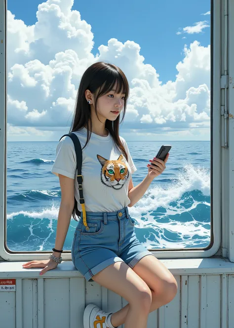 surrealism , artwork for drawing, 8K quality, A girl you meet on the platform of a train station with a view of the ocean, JR Nada Station、 looking at his smartphone 、 high school girl wearing denim shorts on a t-shirt with a picture of a cat、Onitsuka Tig...