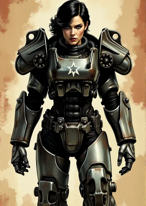 An extremely detailed comic book illustration depicting Nora from Fallout 4 portrayed by a young baby faced Gene Tierney nineteen years old in T-60 power armor from the Fallout Video Game setting which emphasizes her extremely long legs with short black ha...