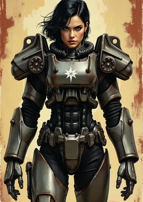 An extremely detailed comic book illustration depicting Nora from Fallout 4 portrayed by a young baby faced Gene Tierney nineteen years old in T-60 power armor from the Fallout Video Game setting which emphasizes her extremely long legs with short black ha...
