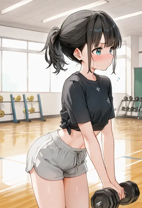 masterpiece, best quality, high resolution, anime-style athletic schoolgirl, struggling to lift dumbbells with both hands, arms bent and holding dumbbells at chest height, serious but blushing expression, visible sweat drops on skin, short black hair tied ...