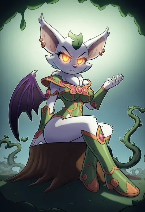 Create a purple-skinned female fairy with a sleek, minimal, nature-themed armor design. Her body is athletic yet delicate, with cat-like purple, eyes and flowing white hair, crowned by two thin green antennae. She wears a minimalist green and gold armor se...