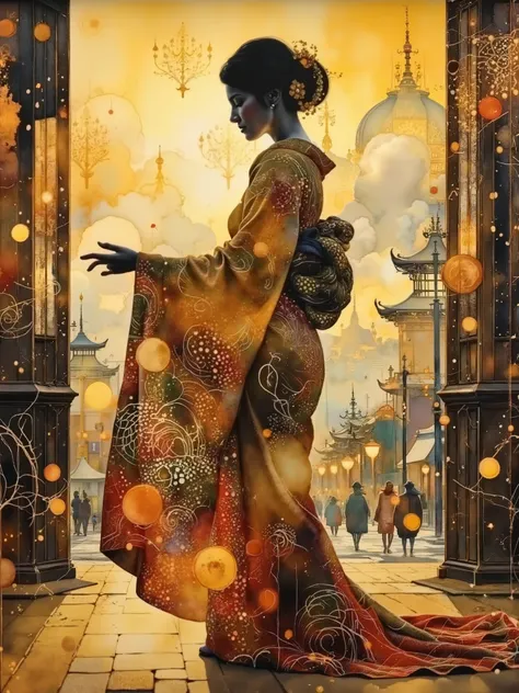 Double exposure, inpainting, A Silhouette glowing lines japanese woman with kimono standing gracefully in a sunlit room, full figure, gestural glowing lines, classical dress, with art nouvesu pattern, Soft and subtle moonlight on her face. classic buildi...