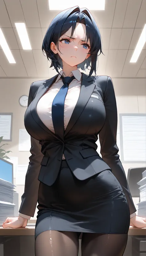 A Office Lady wearing A Black Suit,Black Pantyhose,Shiny skin,(Dark Blue short hair,hair intakes, parted bangs),frown,Slim body,big oppai,In Corporate Office,standing beside the Office Desk,UHD, SOLO, anatomically correct, masterpiece, textured skin, high ...