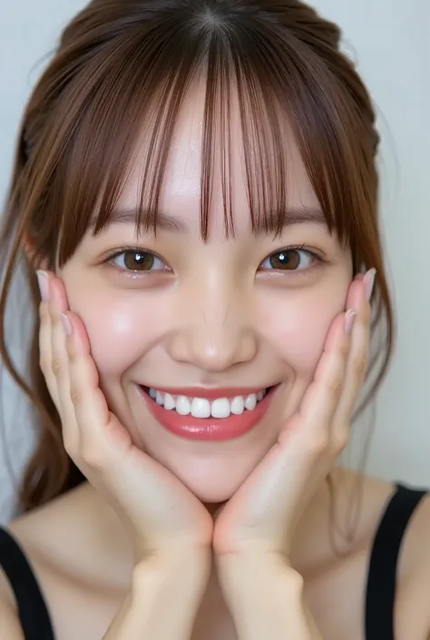extreme close-up portrait, beautiful girl with her love-struck, radiant face filling the entire frame (95% face ratio), gently placing both open hands on her flushed cheeks with soft fingers, soft black camisole, white blurred background, eyes dreamy and h...