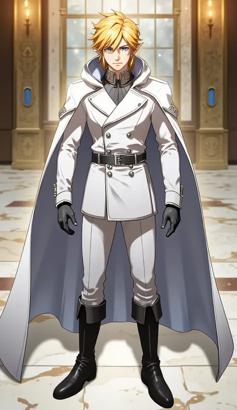 A male character, Link, approximately 26 years old, designed in anime and manga style. He wears a white uniform, featuring a double-breasted tailored coat with sharp lines and silver accents on the buttons and trim. A hood is attached to the coat, slightly...