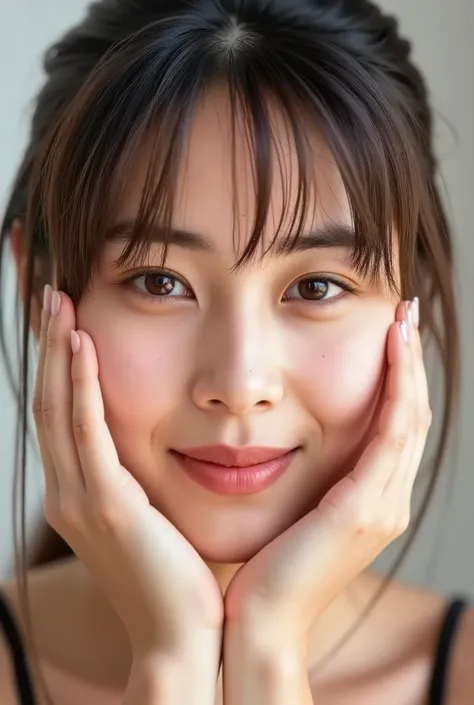extreme close-up portrait, beautiful girl with her love-struck, radiant face filling the entire frame (95% face ratio), gently placing both open hands on her flushed cheeks with soft fingers, soft black camisole, white blurred background, eyes dreamy and h...