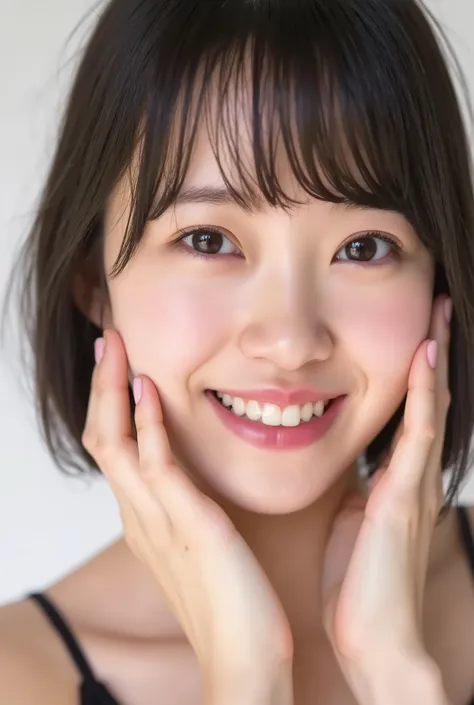 extreme close-up portrait, beautiful girl with her love-struck, radiant face filling the entire frame (95% face ratio), gently placing both open hands on her flushed cheeks with soft fingers, soft black camisole, white blurred background, eyes dreamy and h...